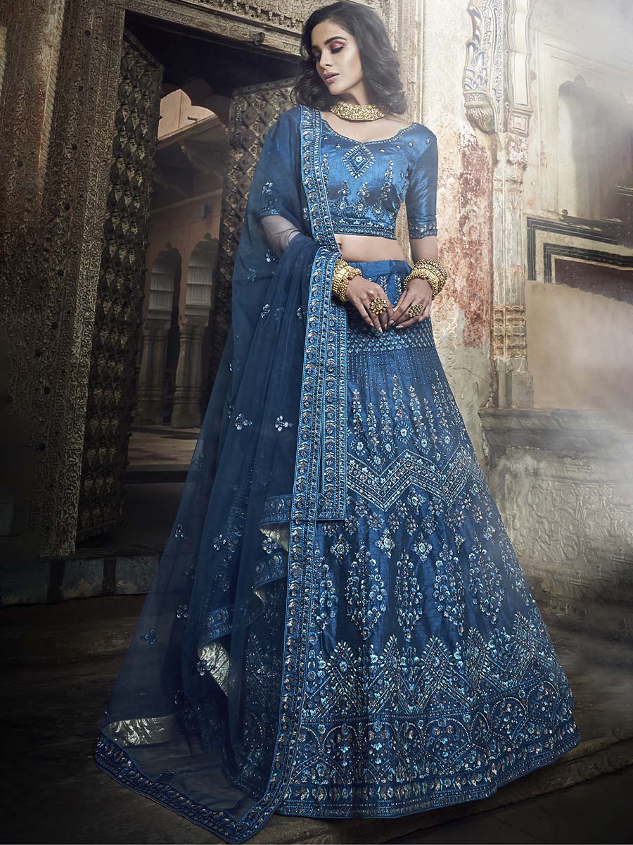 Teal Blue Full Embroidery Wedding Wear Lehenga Choli