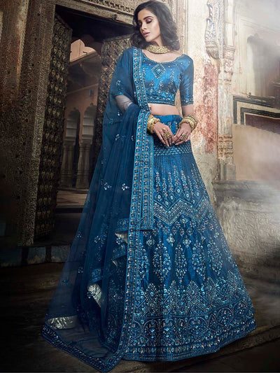 Teal Blue Full Embroidery Wedding Wear Lehenga Choli