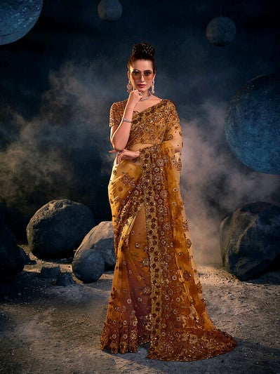 Designer Yellow Saree with Floral Design