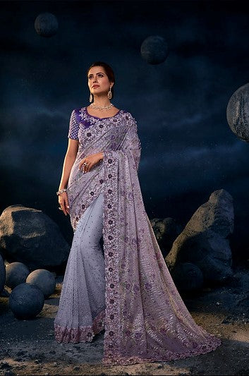 Violet Saree with Floral Border
