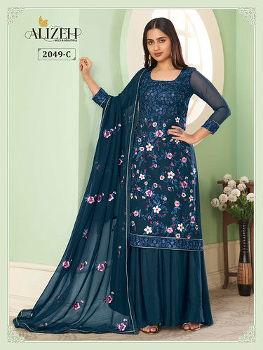 Blue Thread Embroidery Georgette Party Wear Palazzo Suit