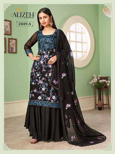 Elegant Black Thread Embroidery Georgette Party Wear Palazzo Suit