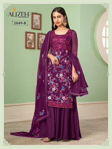 Purple Thread Embroidery Georgette Party Wear Palazzo Suit