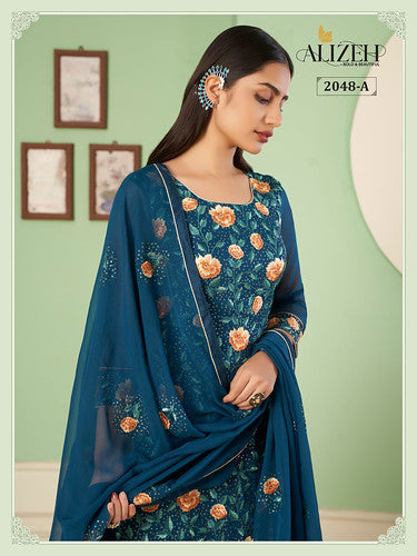 Teal Blue Embroidered Georgette Floral Pakistani Suit