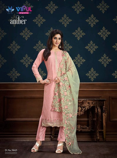 Pink And Green Floral Embroidery Pakistani Pant Suit