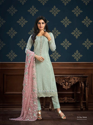TURQUOISE BLUE EMBROIDERY WORK CHINNON SILK SALWAR SUIT