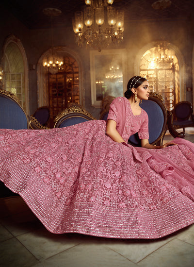 Lavender-Pink Soft Net Lehenga Choli With Embellished Thread Work And Net Dupatta