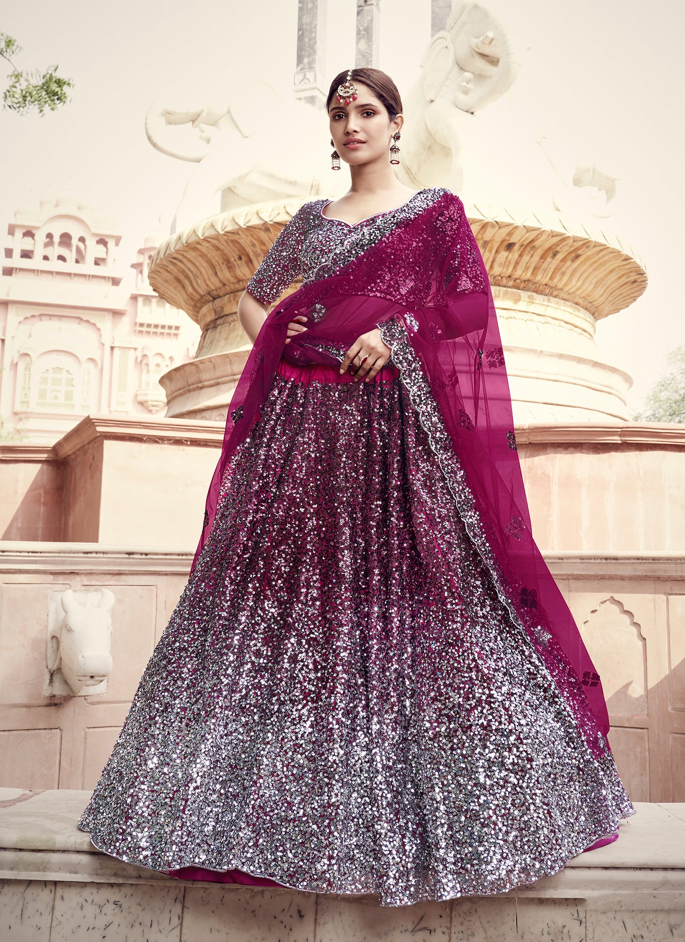 Wine And Silver Sequence  Party Wear Lehenga Choli