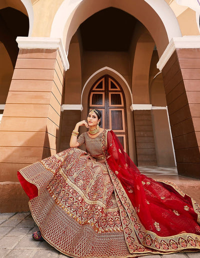 Glorious Red Color Velvet Material Lehenga With Embroidery And Handwork