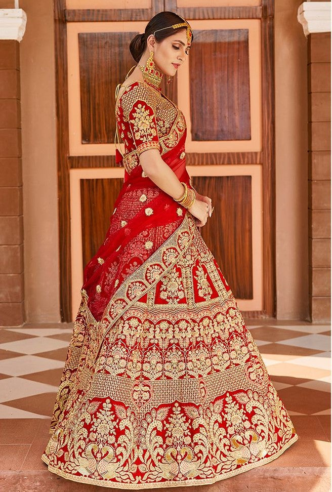 Red Velvet Bridal Lehenga Choli With Embroidered Flower-Peacock Design and Sequins with Beautiful Dupatta