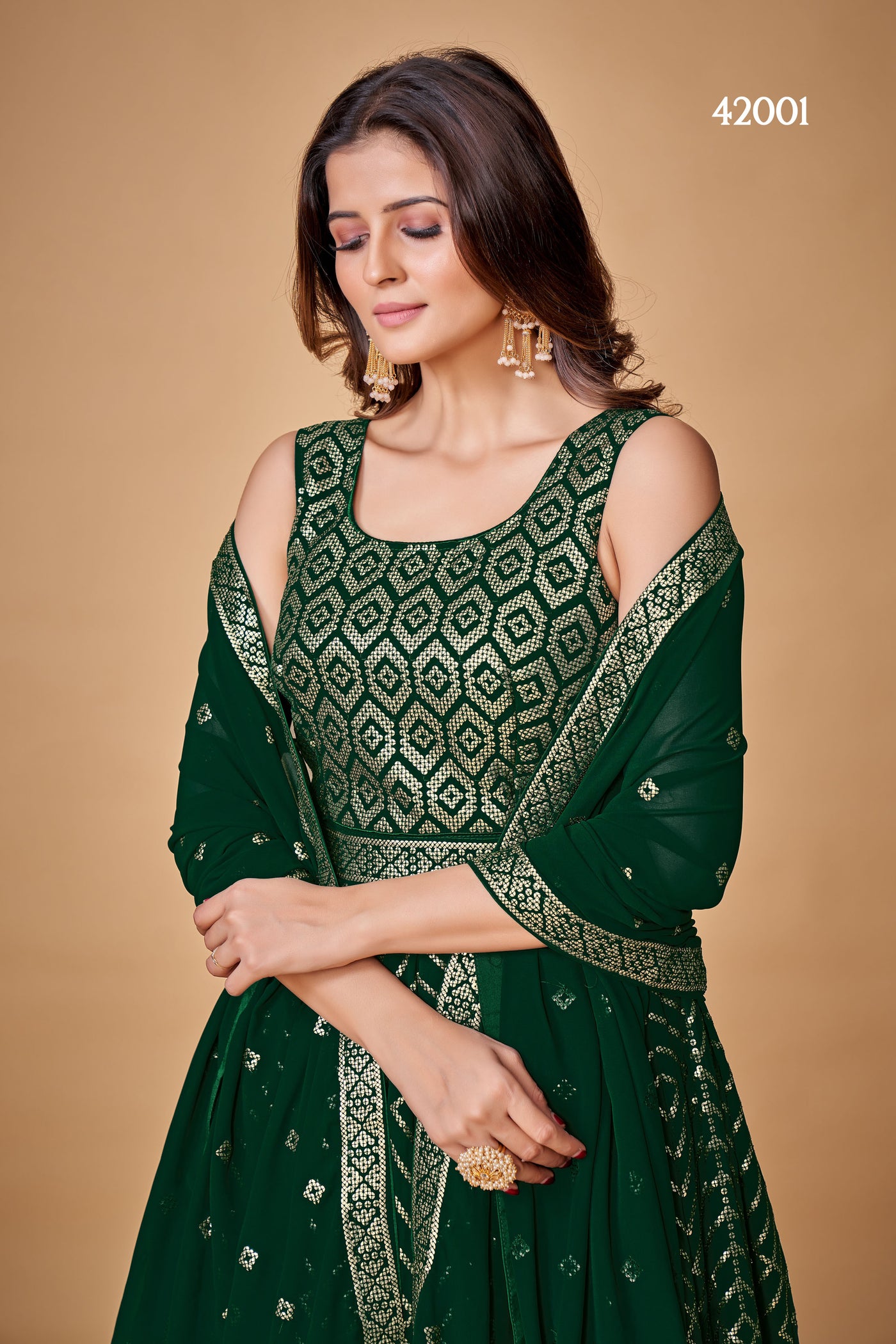 Green Georgette Anarkali with sequins work
