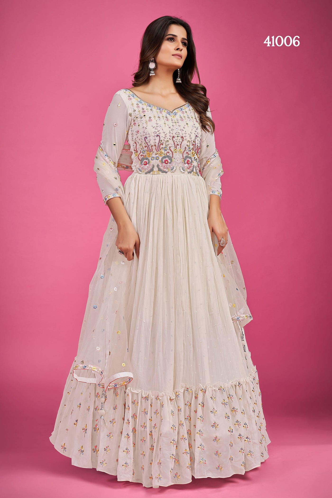 White Anarkali Party Wear with thread and sequins work