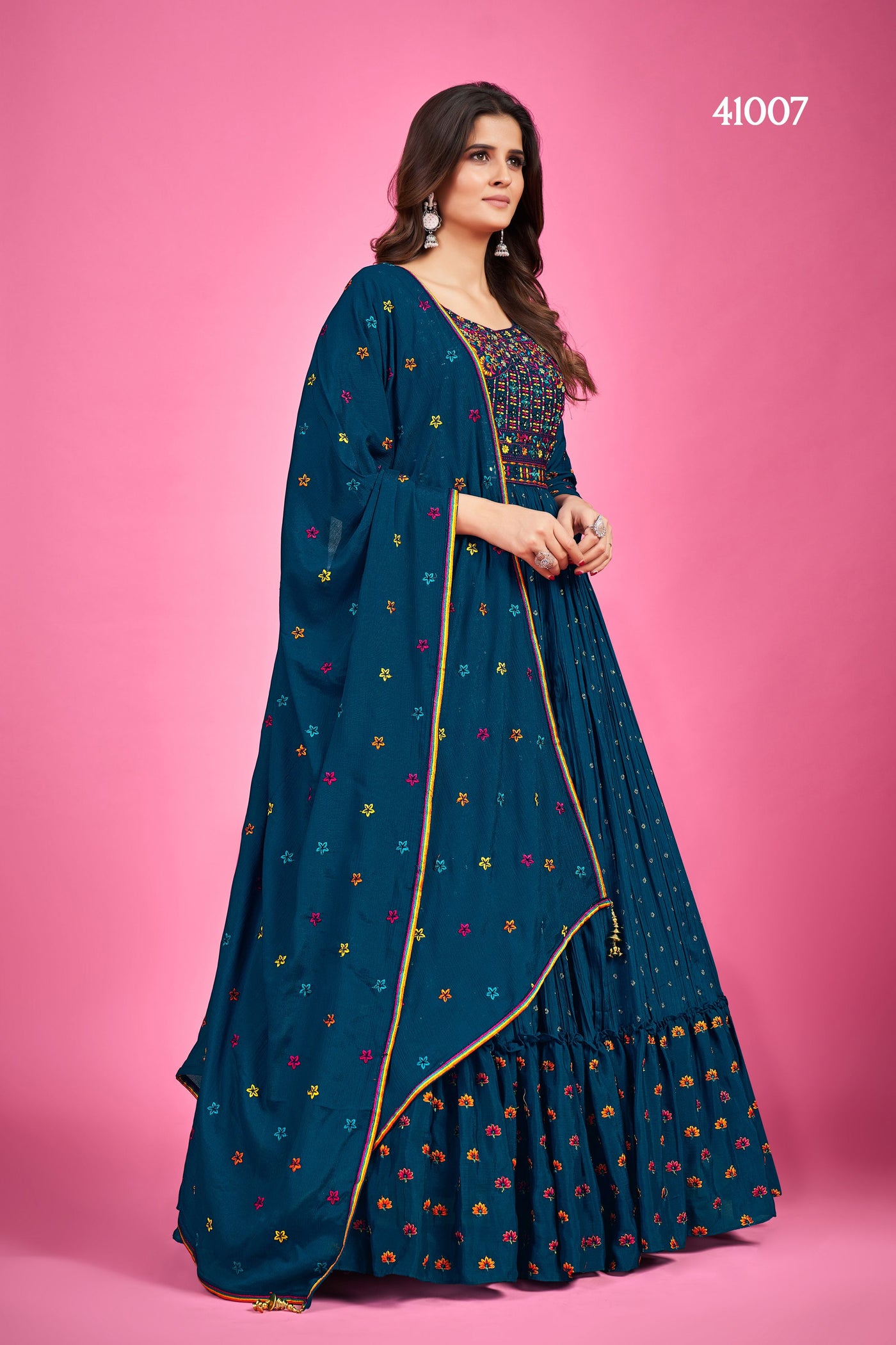 Navy-Blue Thread Work Silk Gown With Dupatta
