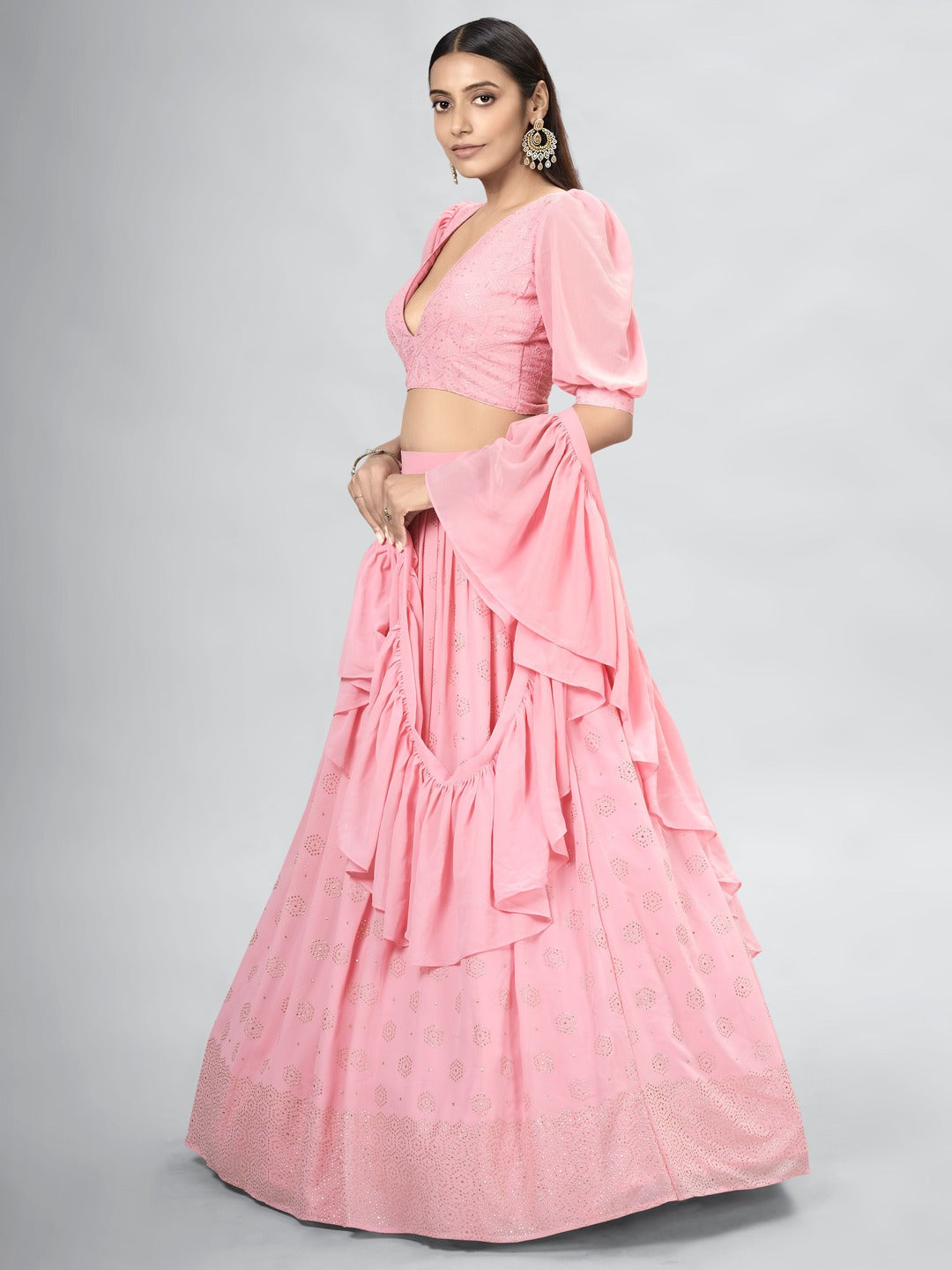 Pink Georgette thread sequins lehenga
