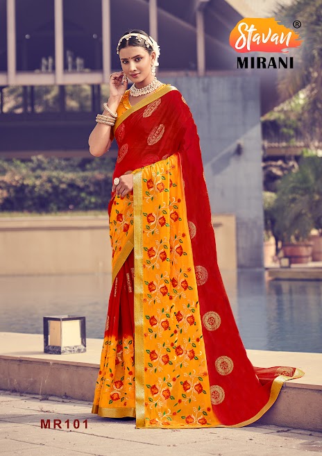 Red and yellow Chiffon With Foil Print and Embroidery Work Saree