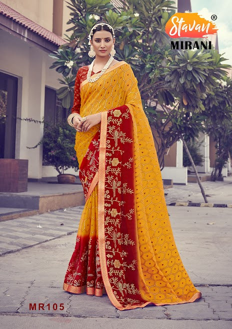 Yellow and Red Chiffon With Foil Print and Embroidery Work Saree
