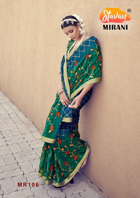 Green Chiffon With Foil Print and Embroidery Work Saree
