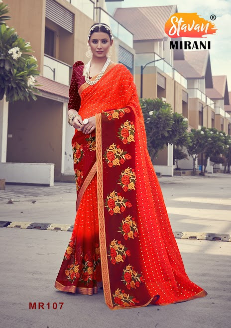 Orange Chiffon With Foil Print and Embroidery Work Saree