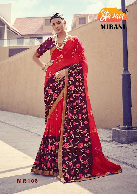 Maroon Chiffon With Foil Print and Embroidery Work Saree