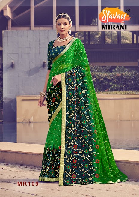 Light Green Chiffon With Foil Print and Embroidery Work Saree