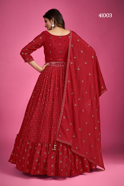 Red Anarkali Party Wear with thread and sequins work