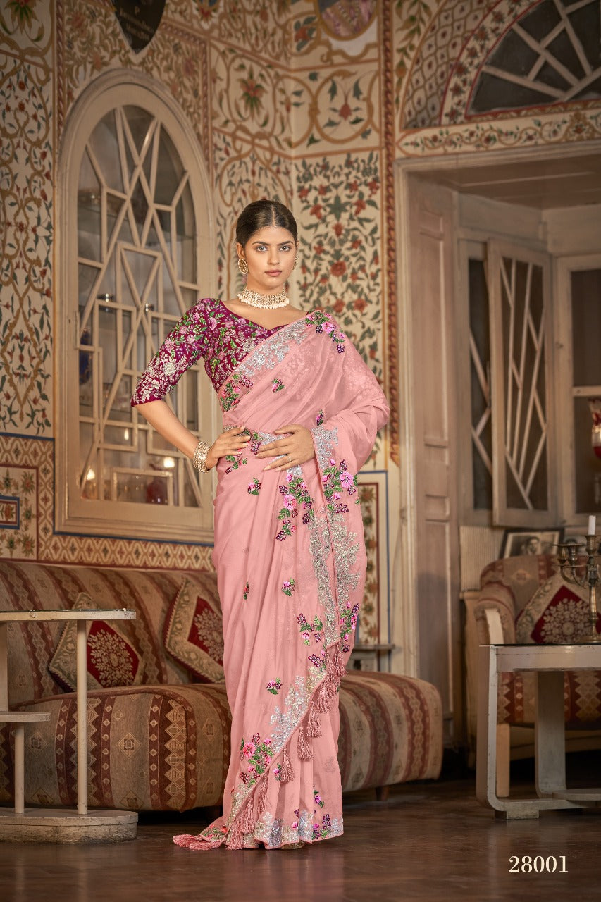 Pink Party Wear Saree with floral Hand work Design
