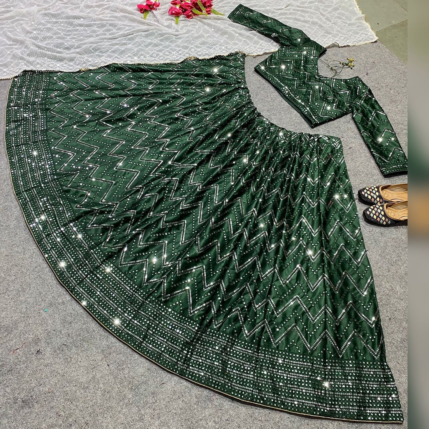 Green Embroidered Attractive Party Wear Silk Lehenga choli