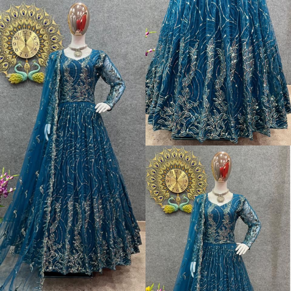Blue Party Wear Look Gown With Heavy 3mm Embroidery Sequence Work