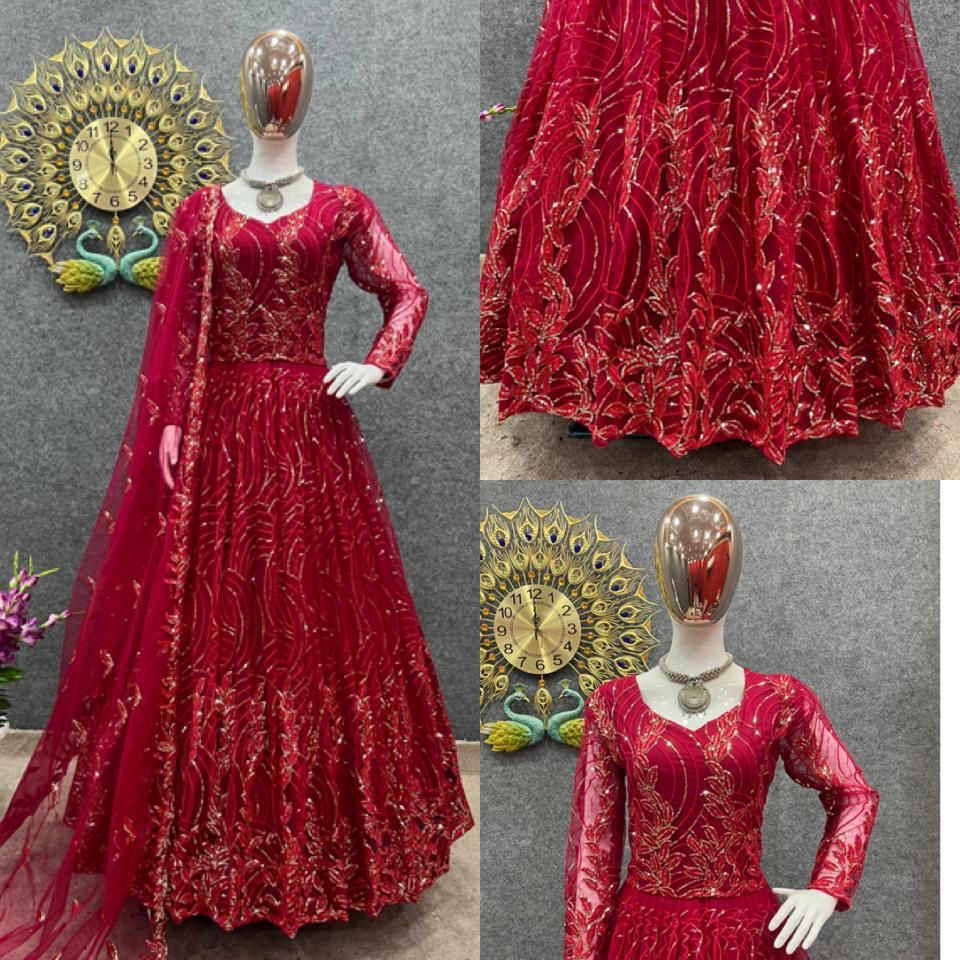 Red Party Wear Look Gown With Heavy 3mm Embroidery Sequence Work
