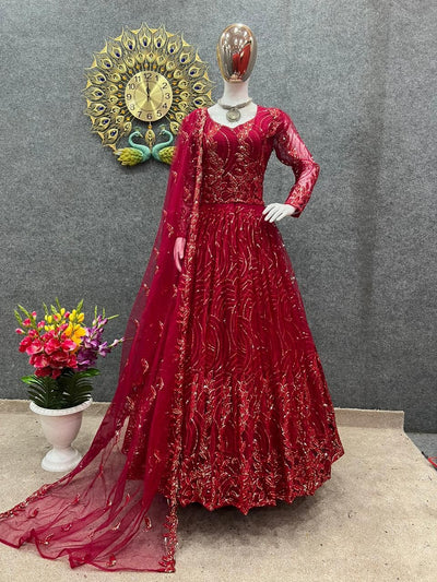 Red Party Wear Look Gown With Heavy 3mm Embroidery Sequence Work