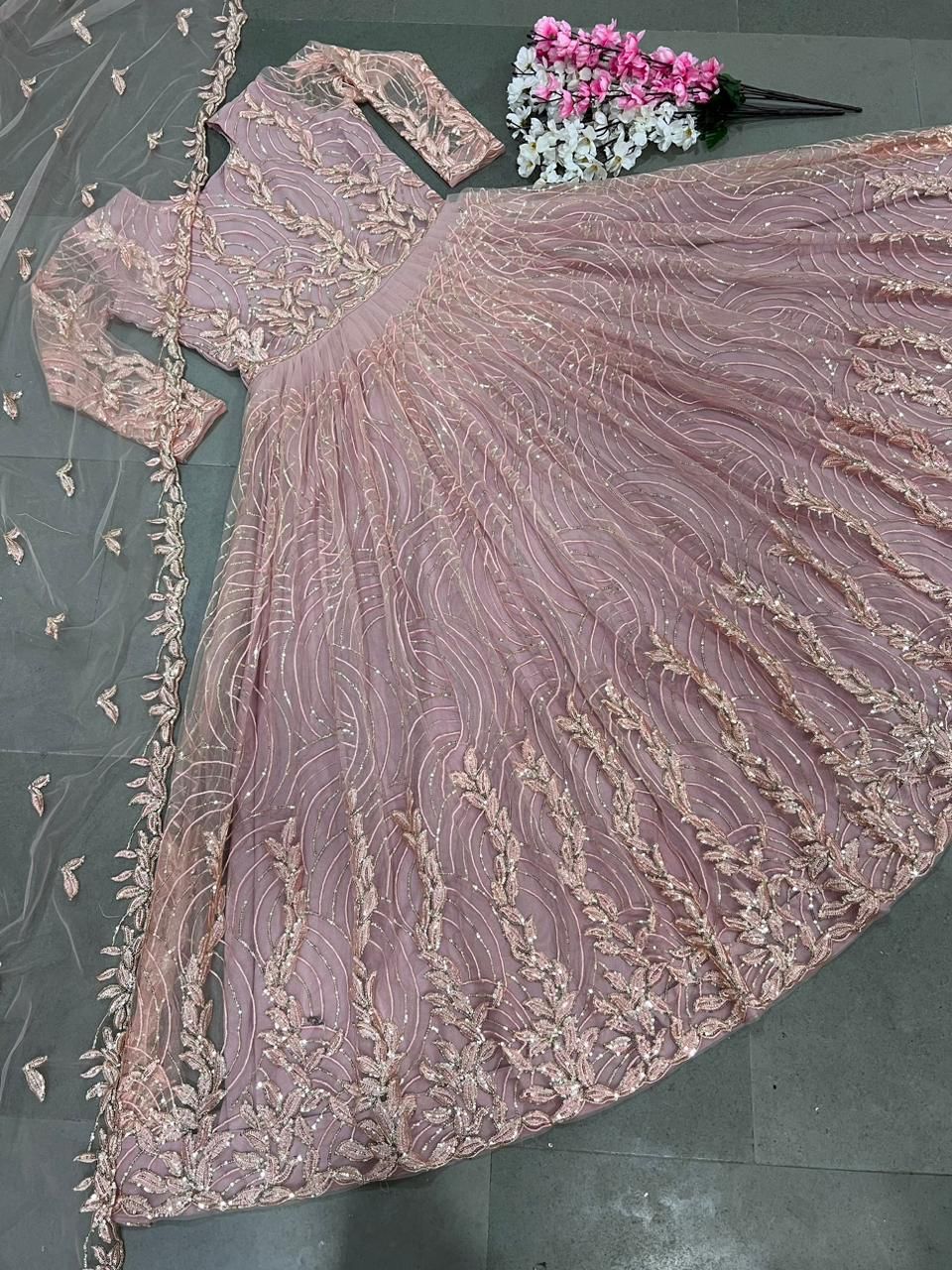 Pink Party Wear Look Gown With Heavy 3mm Embroidery Sequence Work