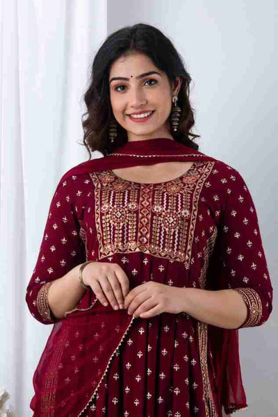 Red Pure fine Riyon fabric with  embrioday naira cut Kurti with Pant