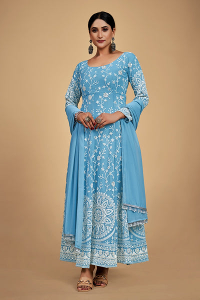 SKY BLUE PANT STYLE SUIT WITH GOTA, THREAD WORK