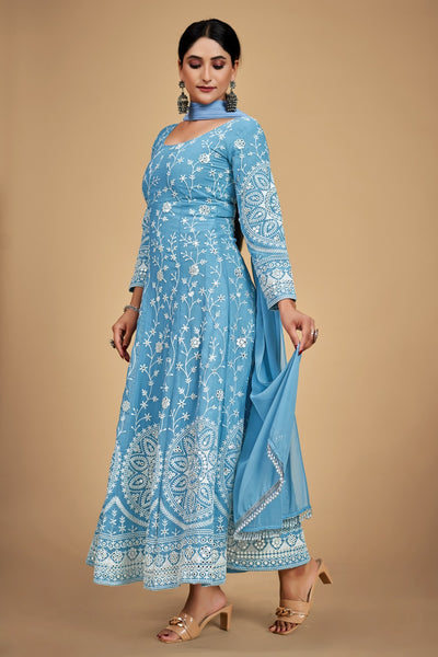 SKY BLUE PANT STYLE SUIT WITH GOTA, THREAD WORK