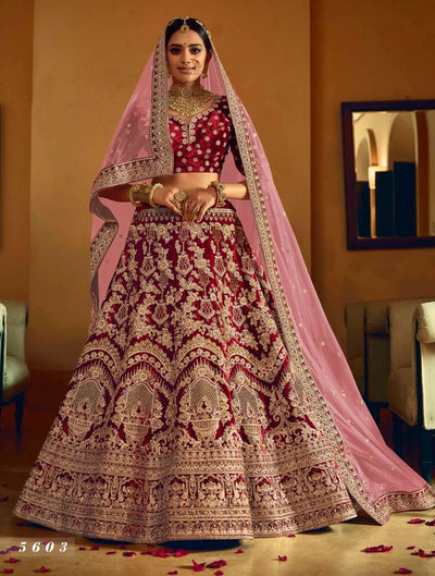 Maroon velvet sequins work bridal Lehenga Choli