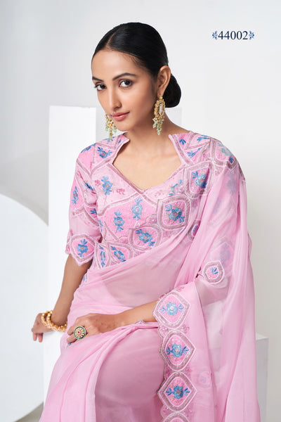 Baby Pink Organza Saree with thred, sequins