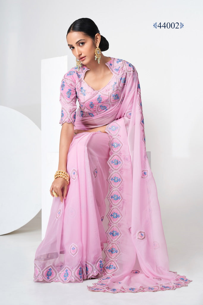 Baby Pink Organza Saree with thred, sequins