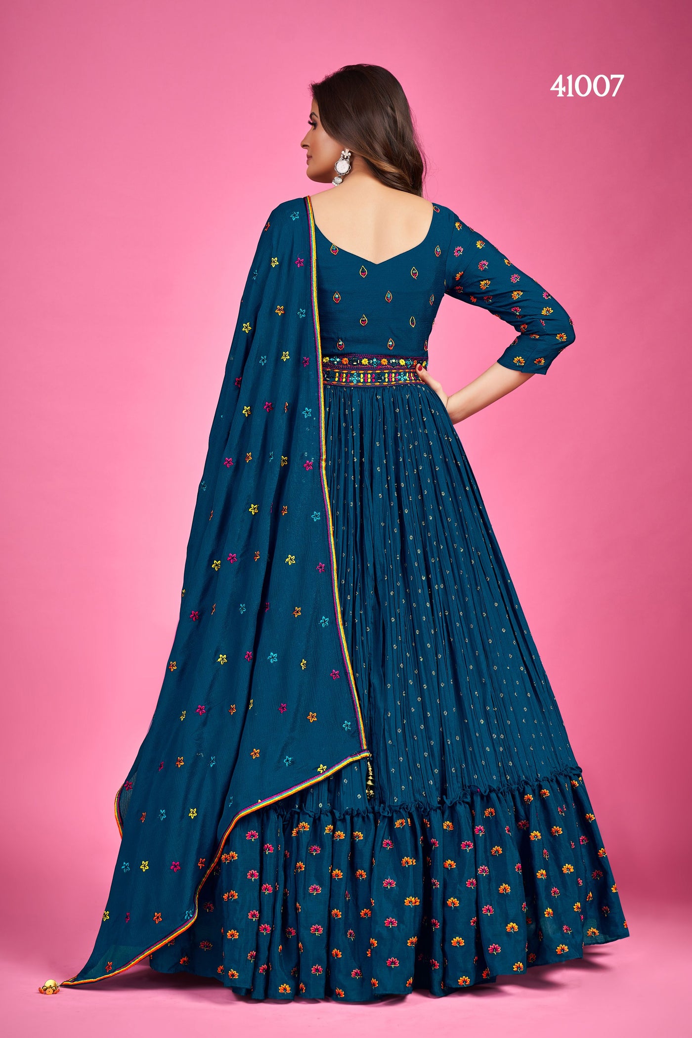 Navy-Blue Thread Work Silk Gown With Dupatta