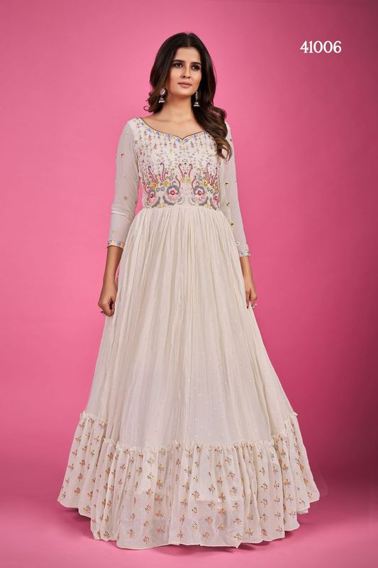 White Anarkali Party Wear with thread and sequins work
