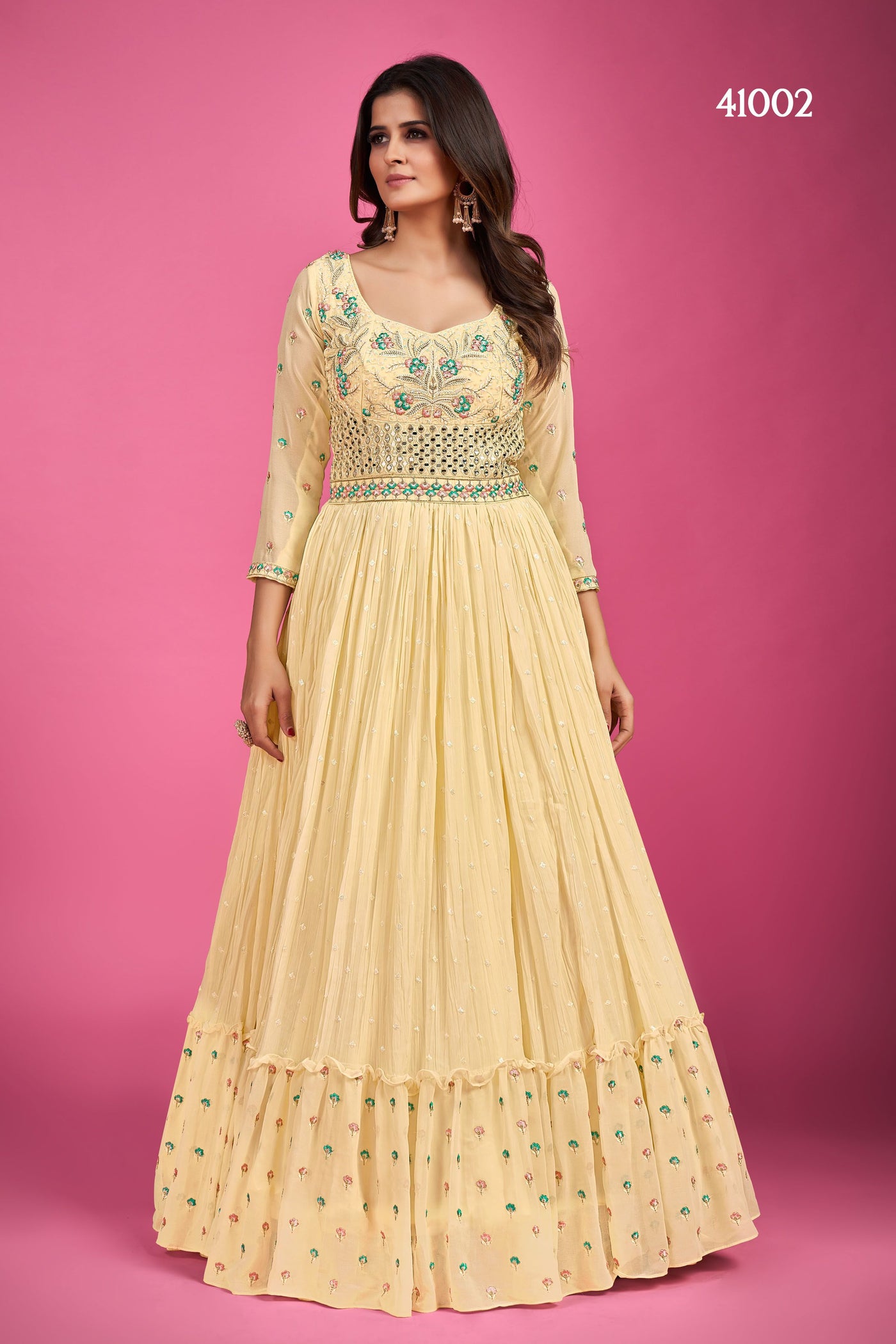 Yellow Anarkali Party Wear with thread and sequins work