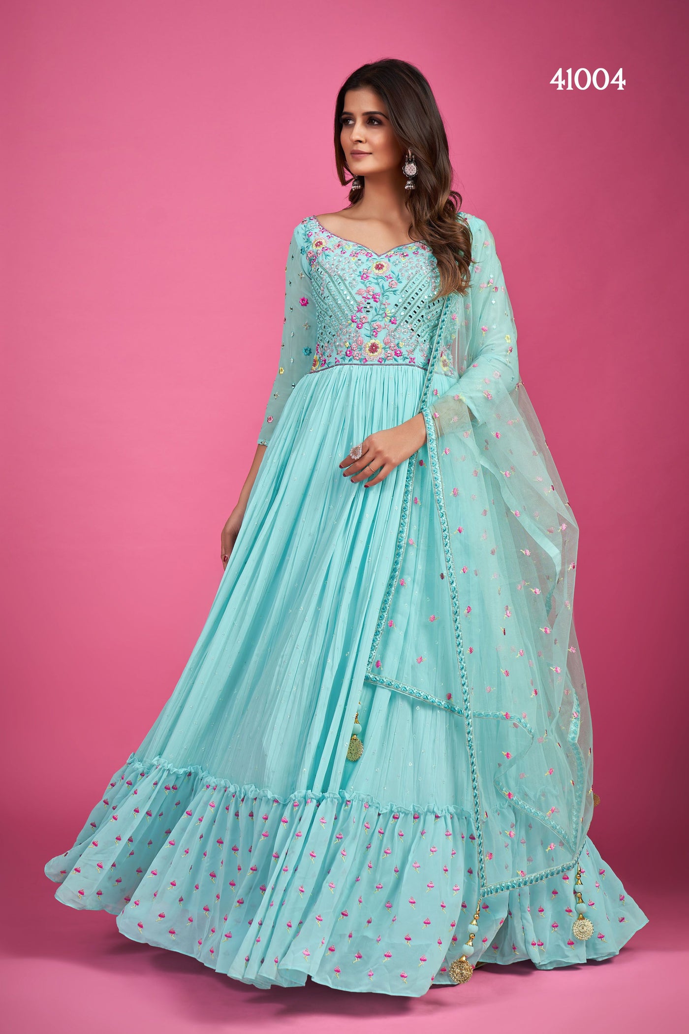 Blue Anarkali Party Wear with thread and sequins work